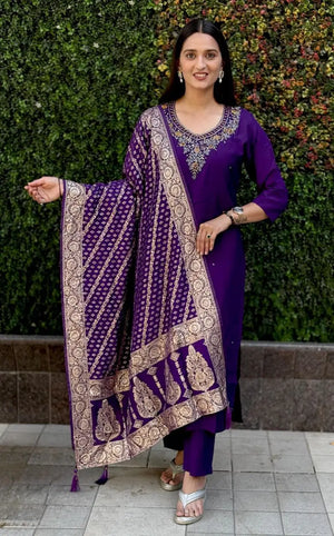 Premium Roman Silk Kurta Set with Jacquard Dupatta