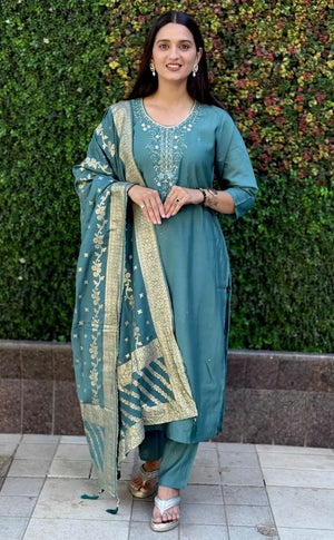 Premium Roman Silk Kurta Set with Jacquard Dupatta