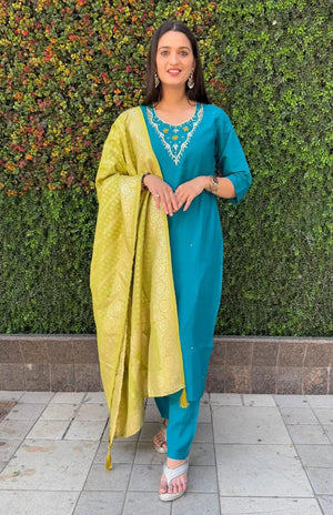 Premium Roman Silk Kurta Set with Jacquard Dupatta