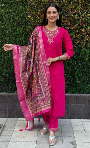 Premium Roman Silk Kurta Set with Jacquard Dupatta