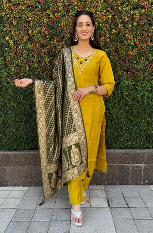 Premium Roman Silk Kurta Set with Jacquard Dupatta
