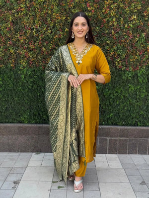 Premium Roman Silk Kurta Set with Jacquard Dupatta