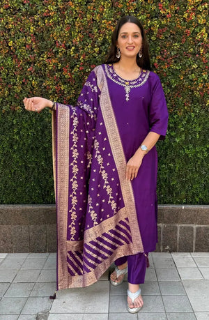 Premium Roman Silk Kurta Set with Jacquard Dupatta