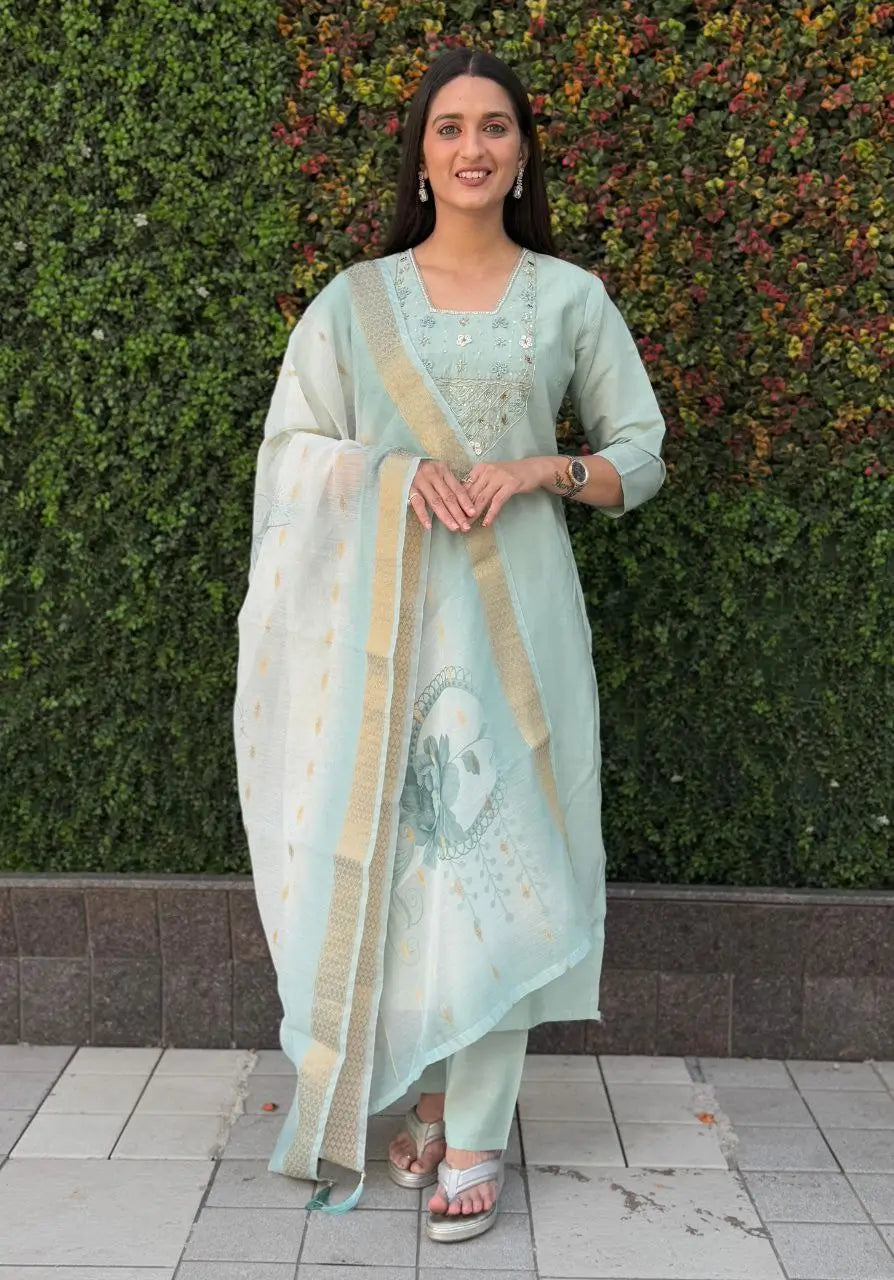 Premium Roman Silk Kurta Set with Jacquard Dupatta