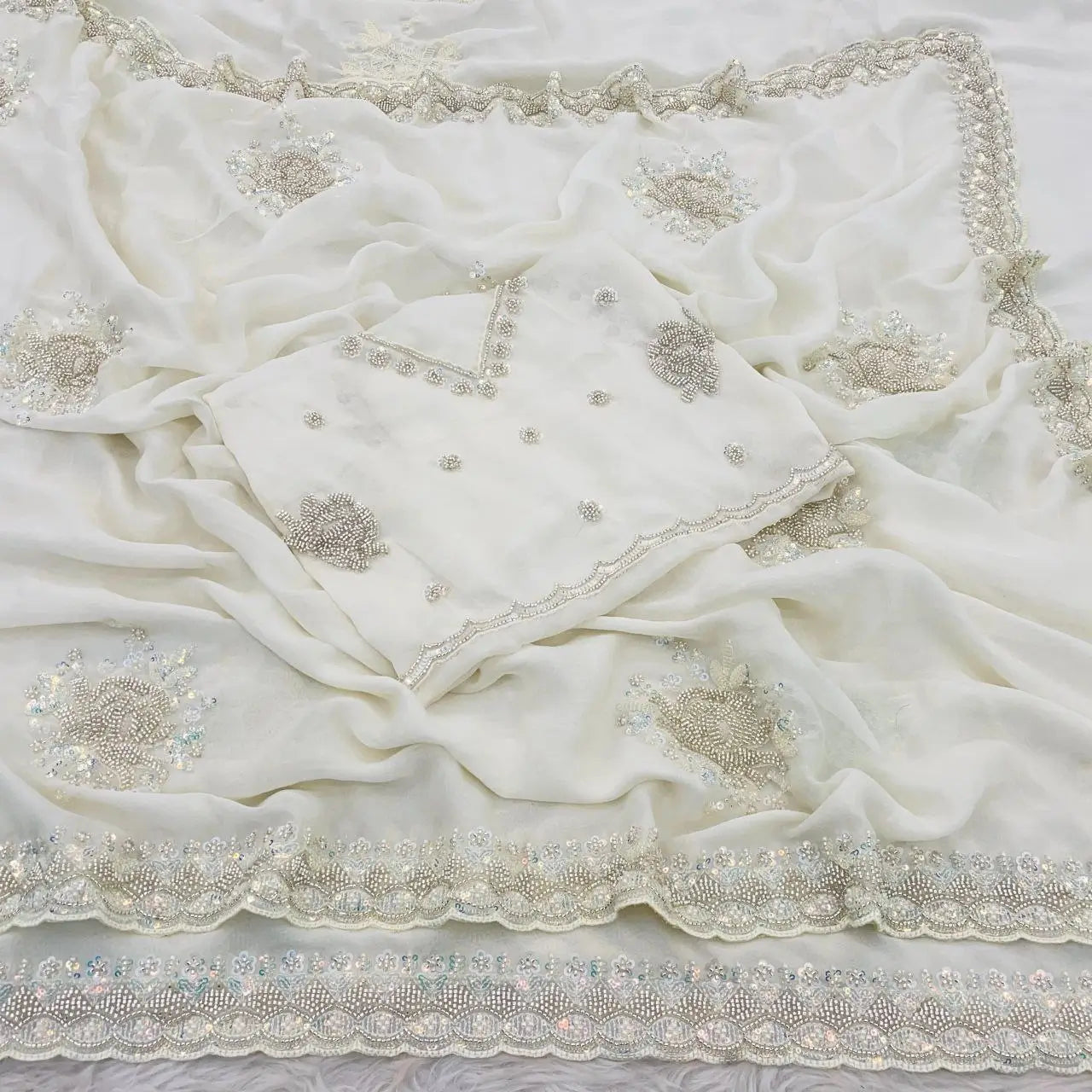 Premium Silky Crush Sugarbead Work Saree
