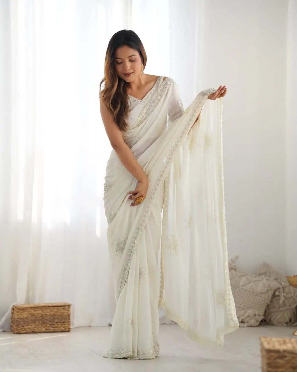 Premium Silky Crush Sugarbead Work Saree