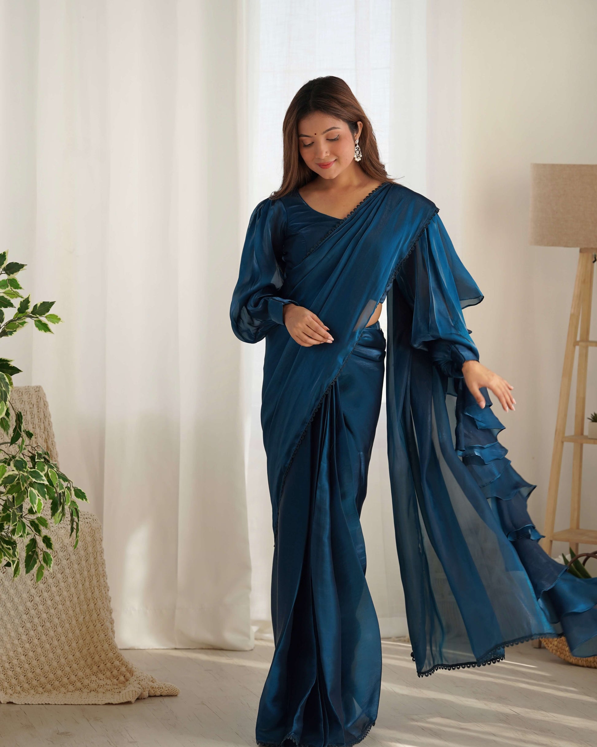 Premium Soft Organza Silk Pre-Draped Ruffle Saree with Blouse