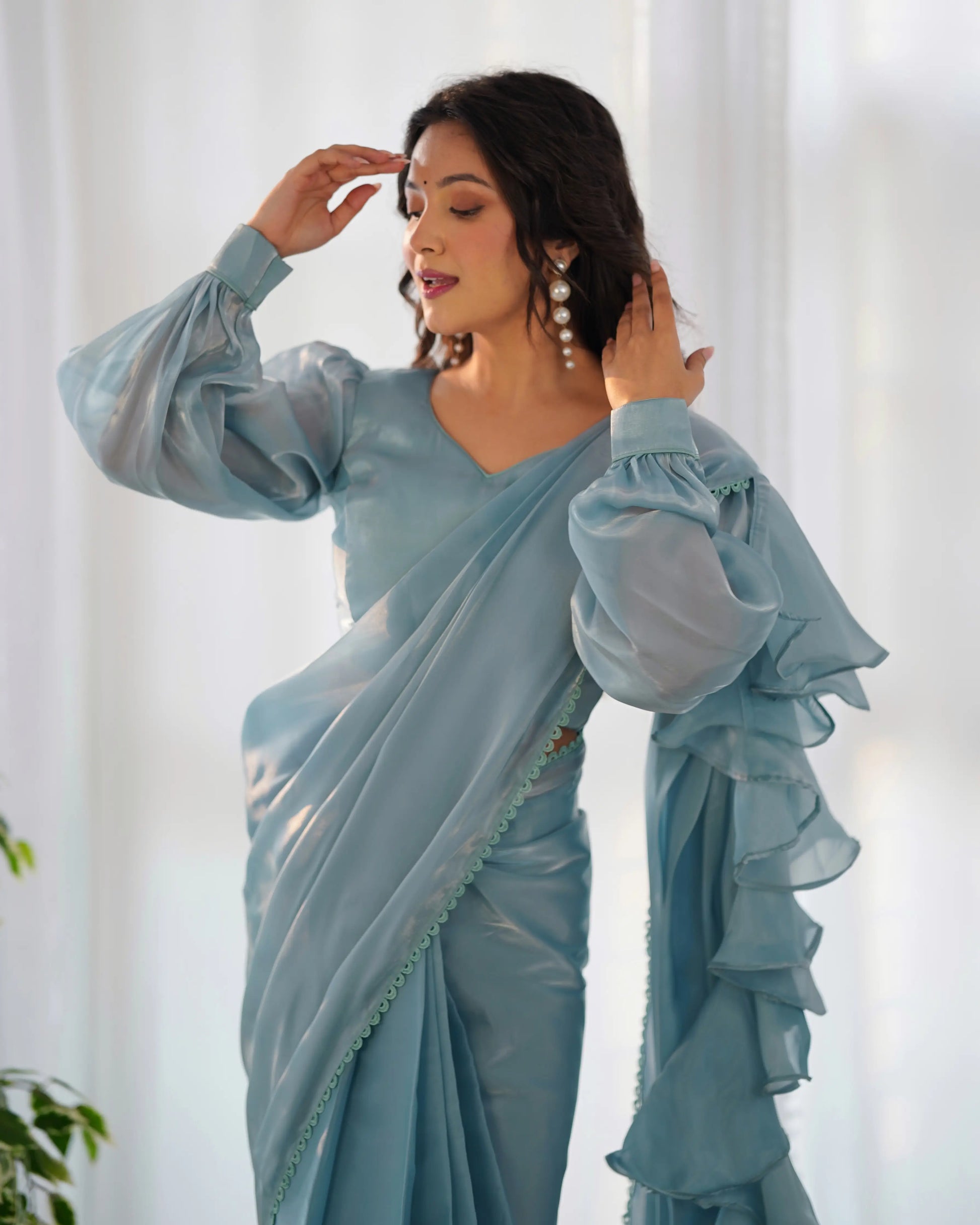 Premium Soft Organza Silk Pre-Draped Ruffle Saree with Blouse