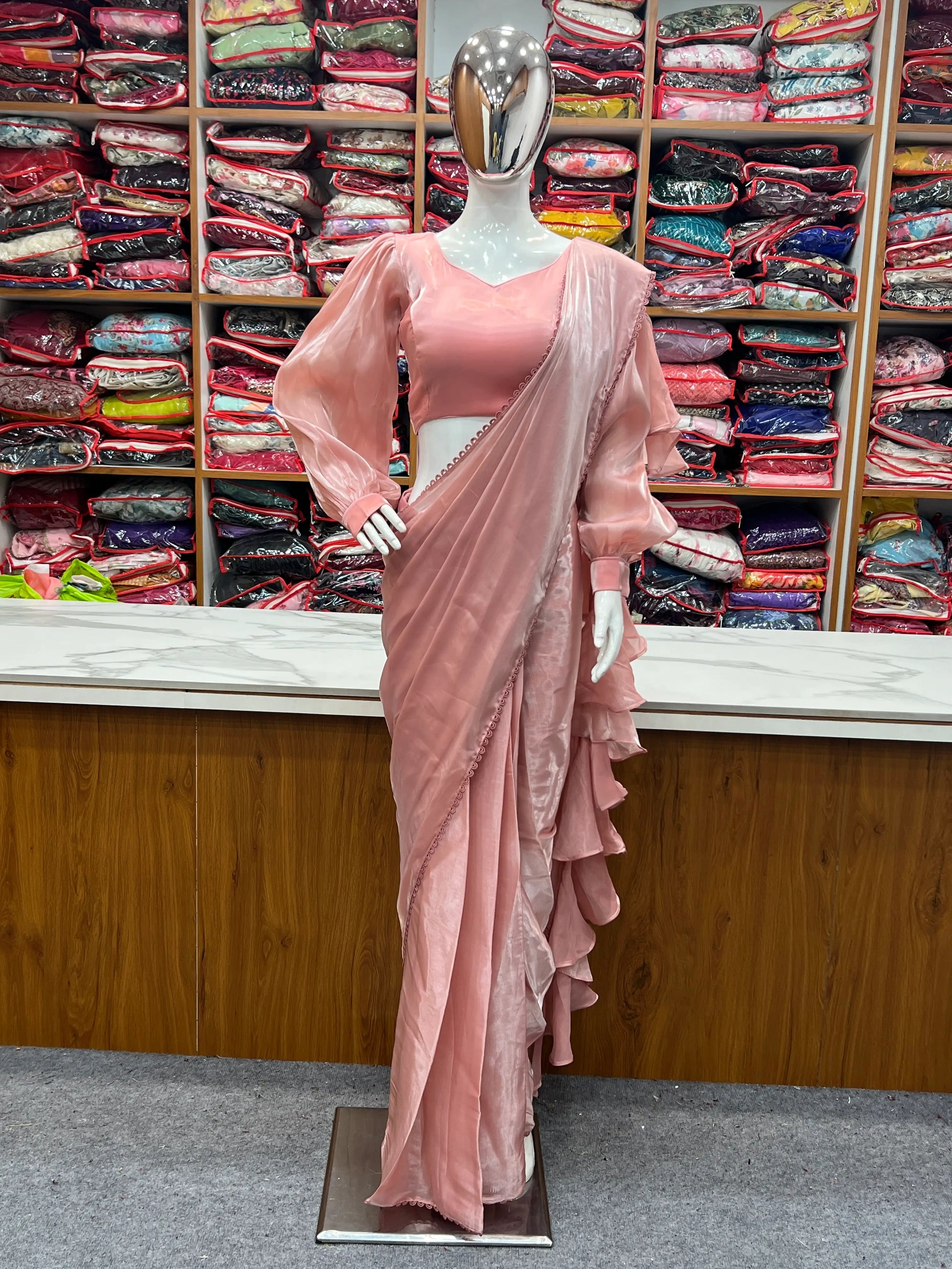 Premium Soft Organza Silk Pre-Draped Ruffle Saree with Blouse