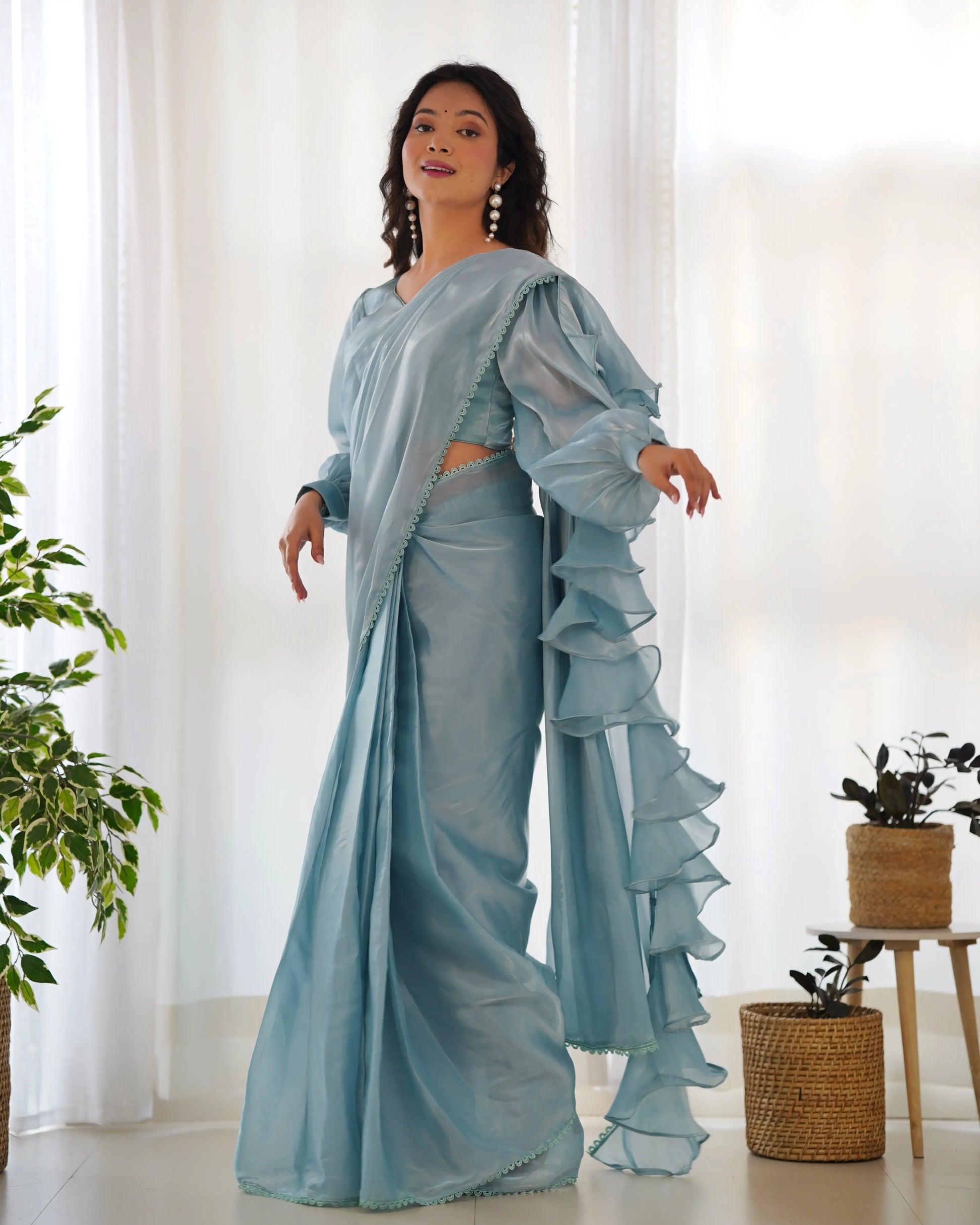 Premium Soft Organza Silk Pre-Draped Ruffle Saree with Blouse
