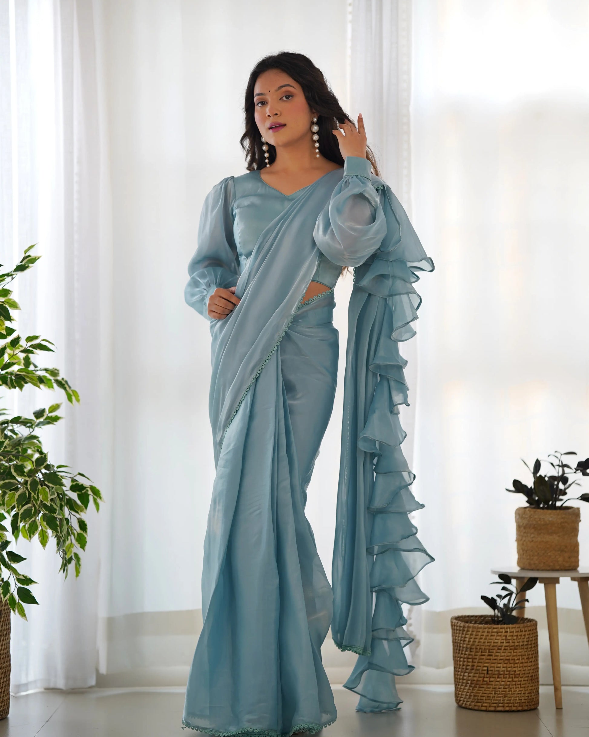 Premium Soft Organza Silk Pre-Draped Ruffle Saree with Blouse