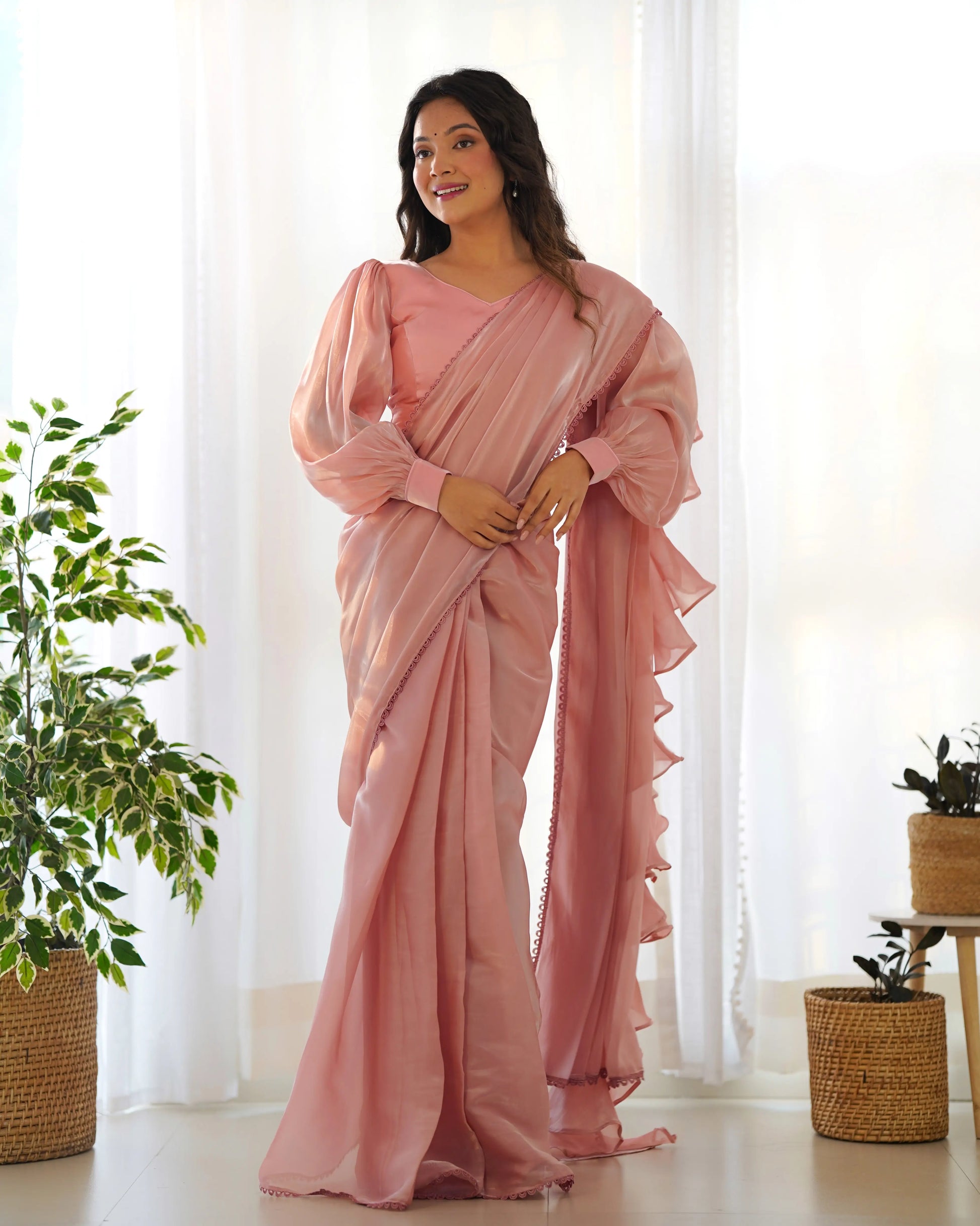 Premium Soft Organza Silk Pre-Draped Ruffle Saree with Blouse