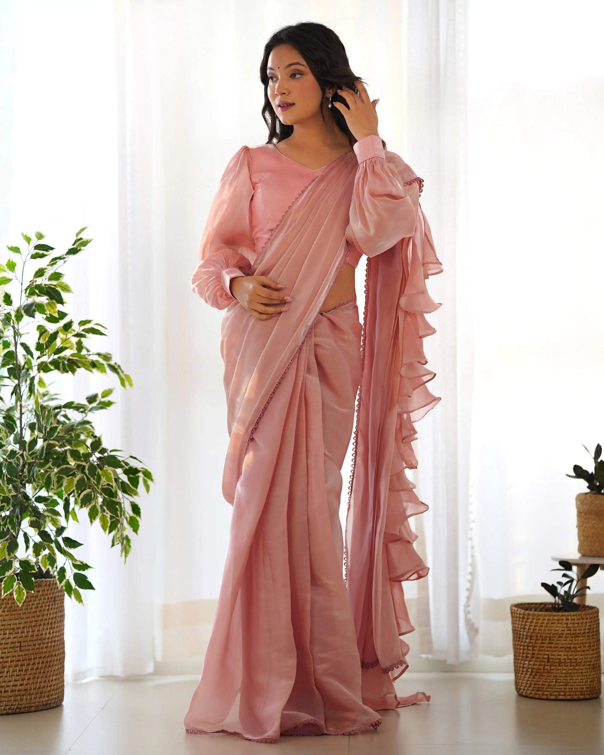 Premium Soft Organza Silk Pre-Draped Ruffle Saree with Blouse