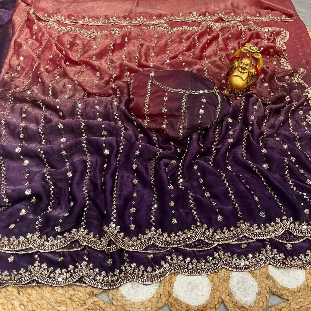 Premium Space Silk Gold Beads Handcrafted Saree