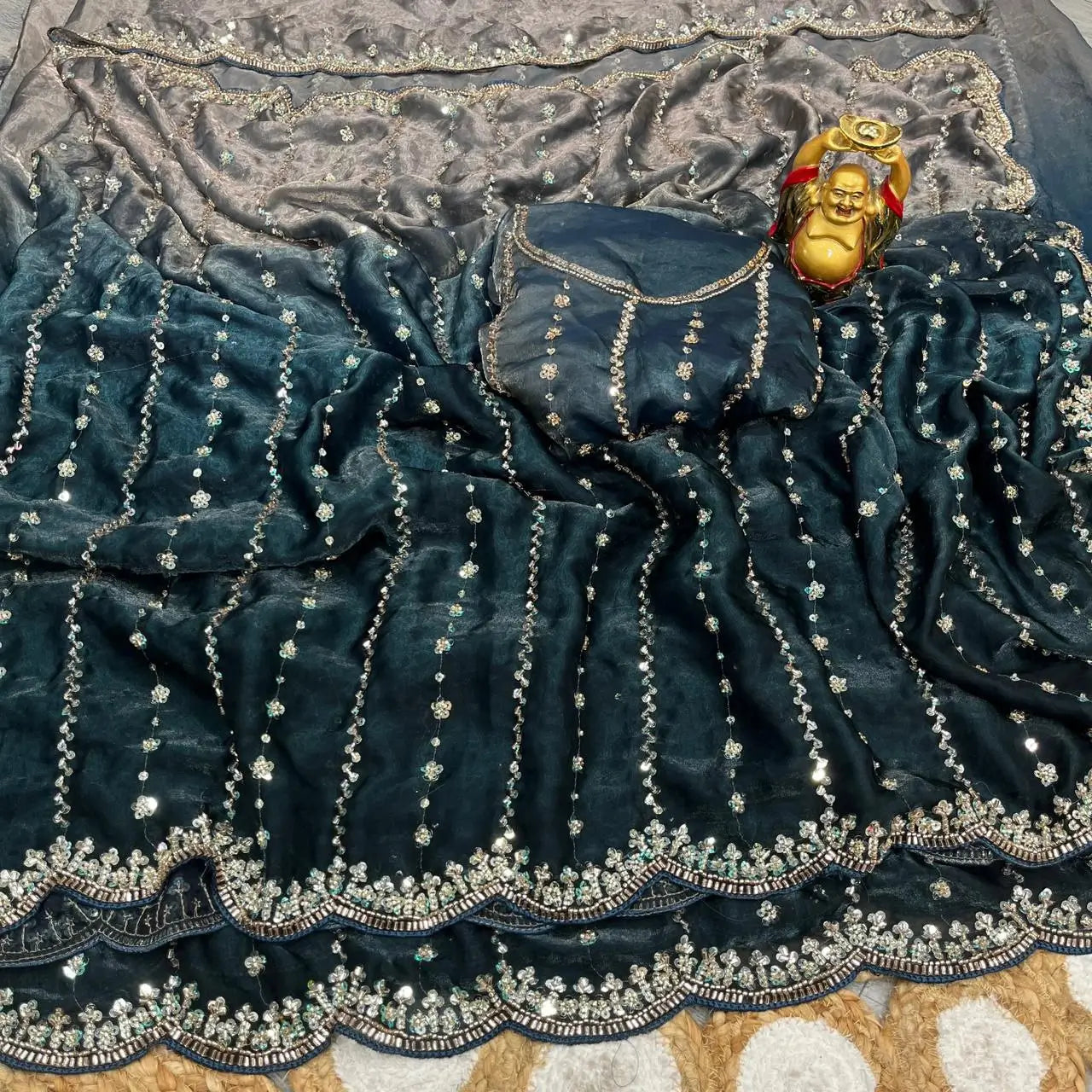 Premium Space Silk Gold Beads Handcrafted Saree