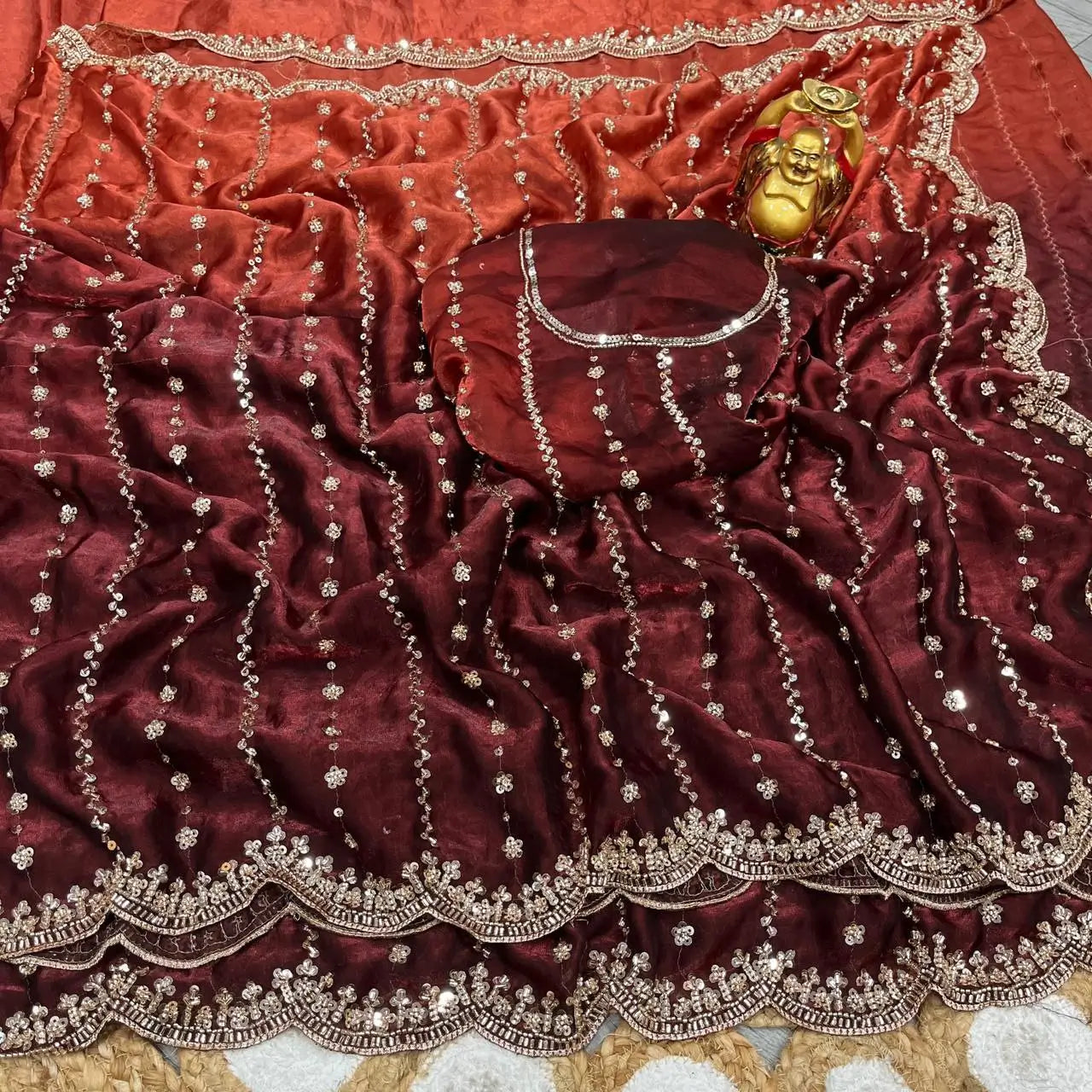 Premium Space Silk Gold Beads Handcrafted Saree