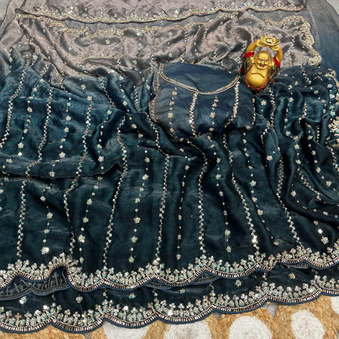 Premium Space Silk Gold Beads Handcrafted Saree