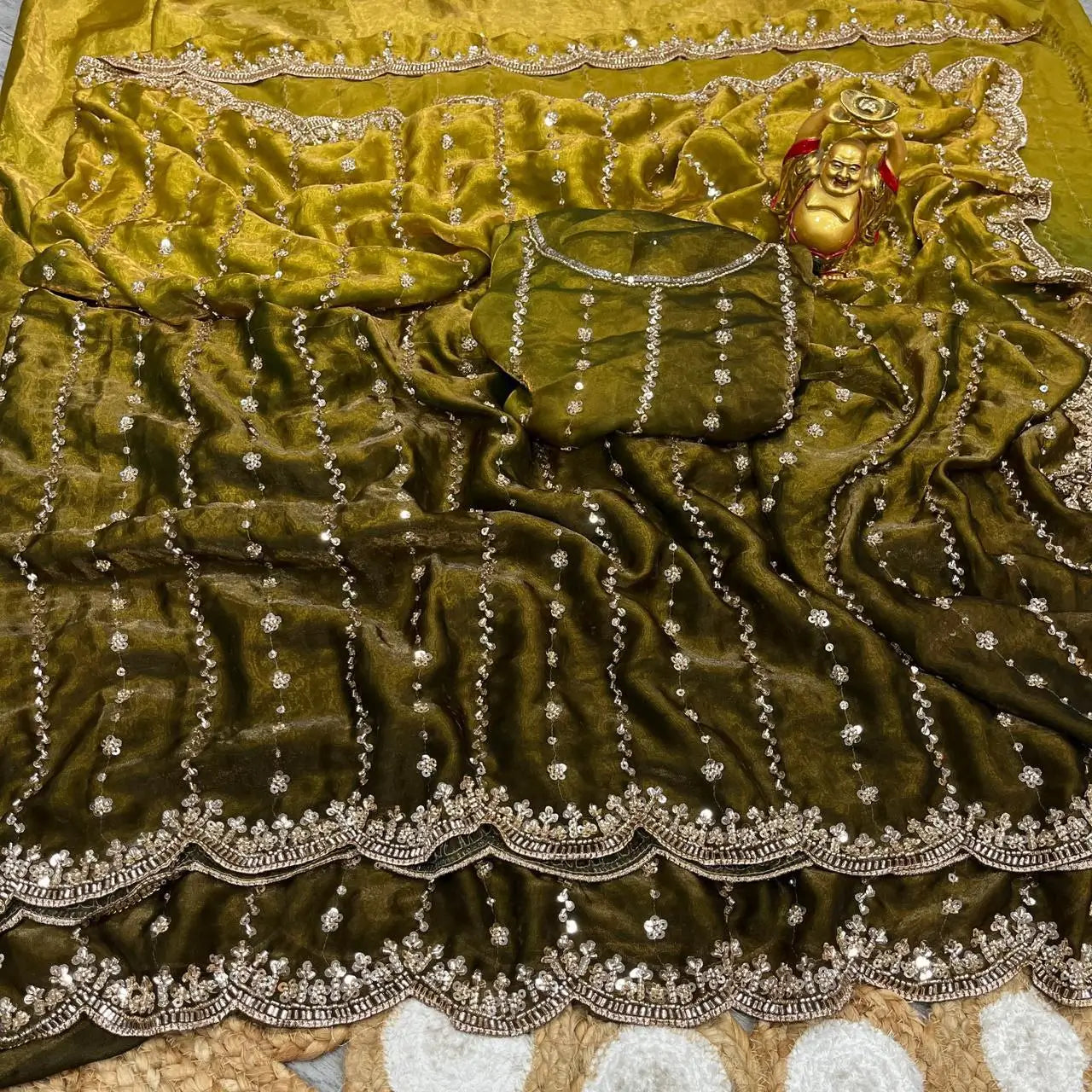 Premium Space Silk Gold Beads Handcrafted Saree