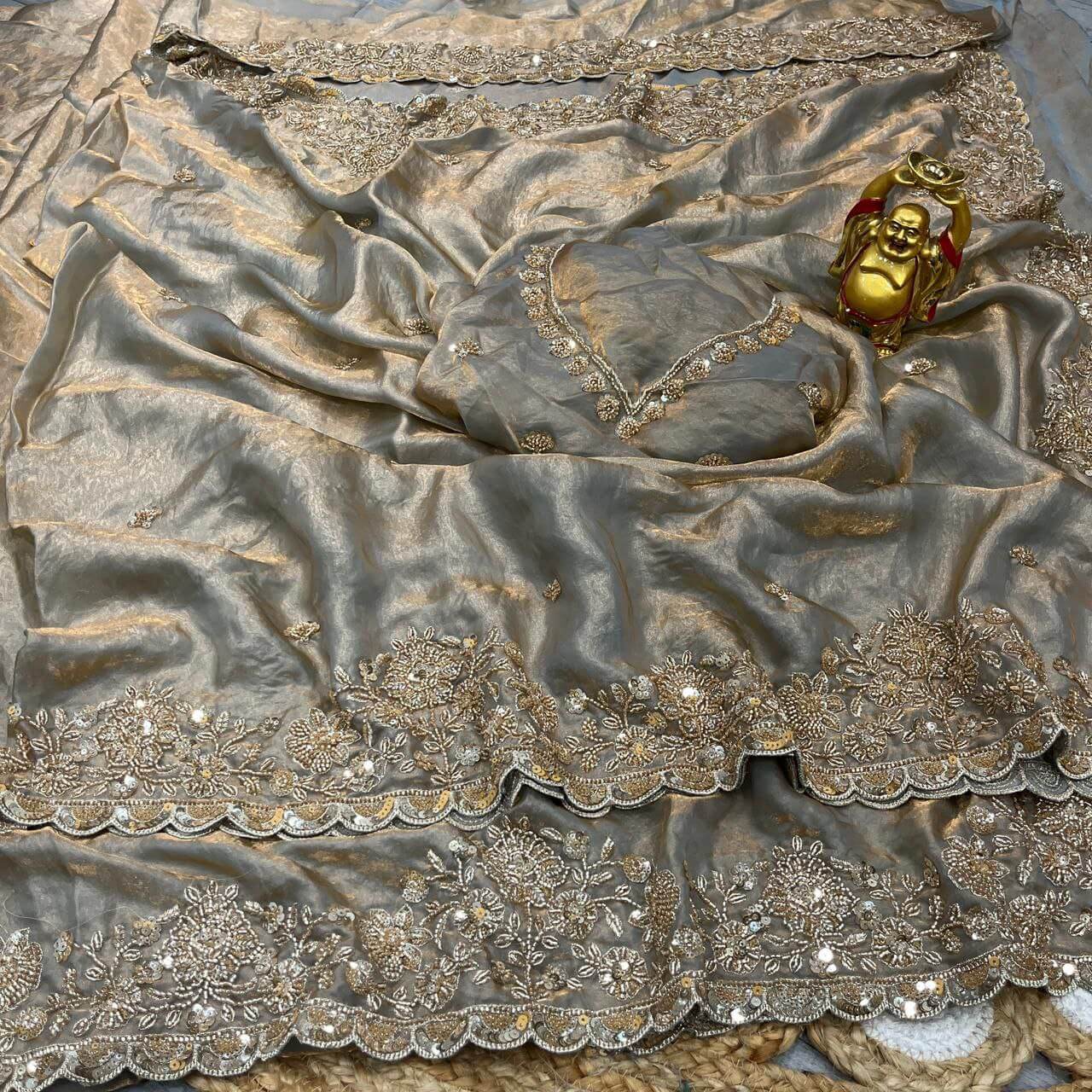 Premium Space Silk Gold Beads Handwork Saree