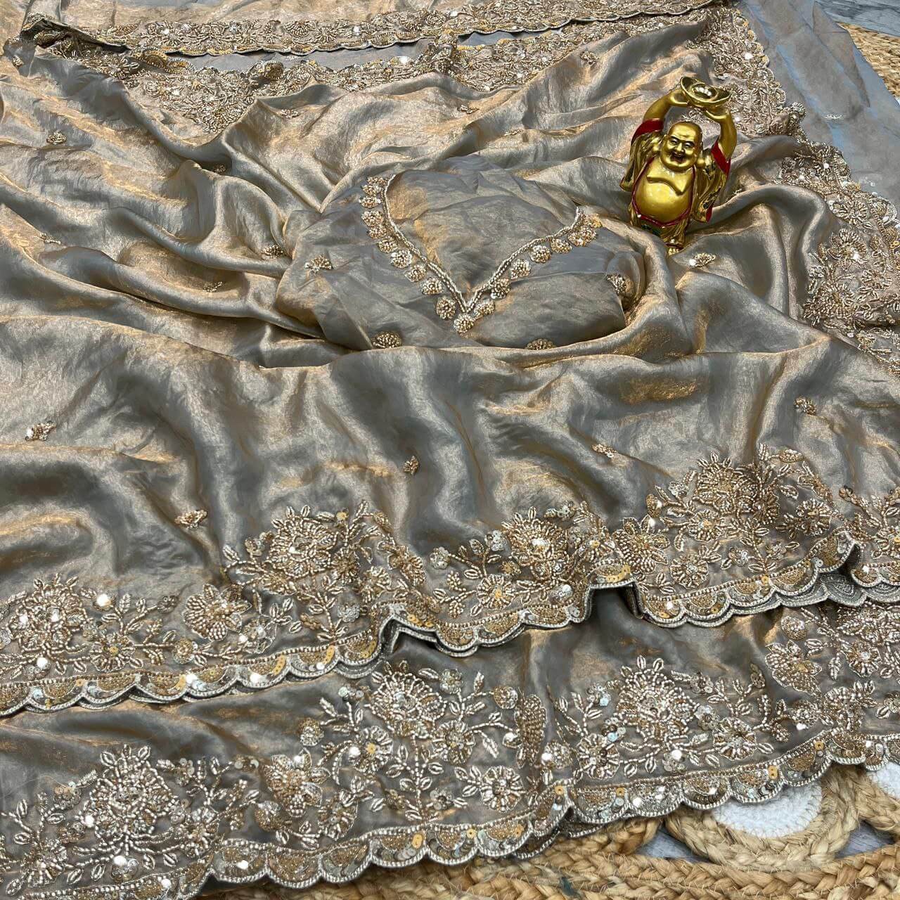 Premium Space Silk Gold Beads Handwork Saree