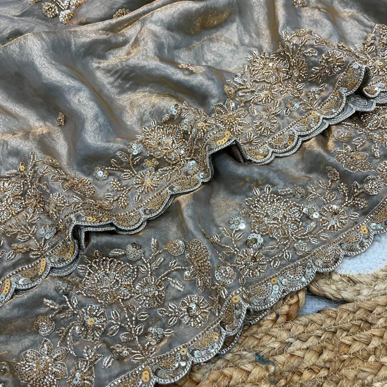 Premium Space Silk Gold Beads Handwork Saree