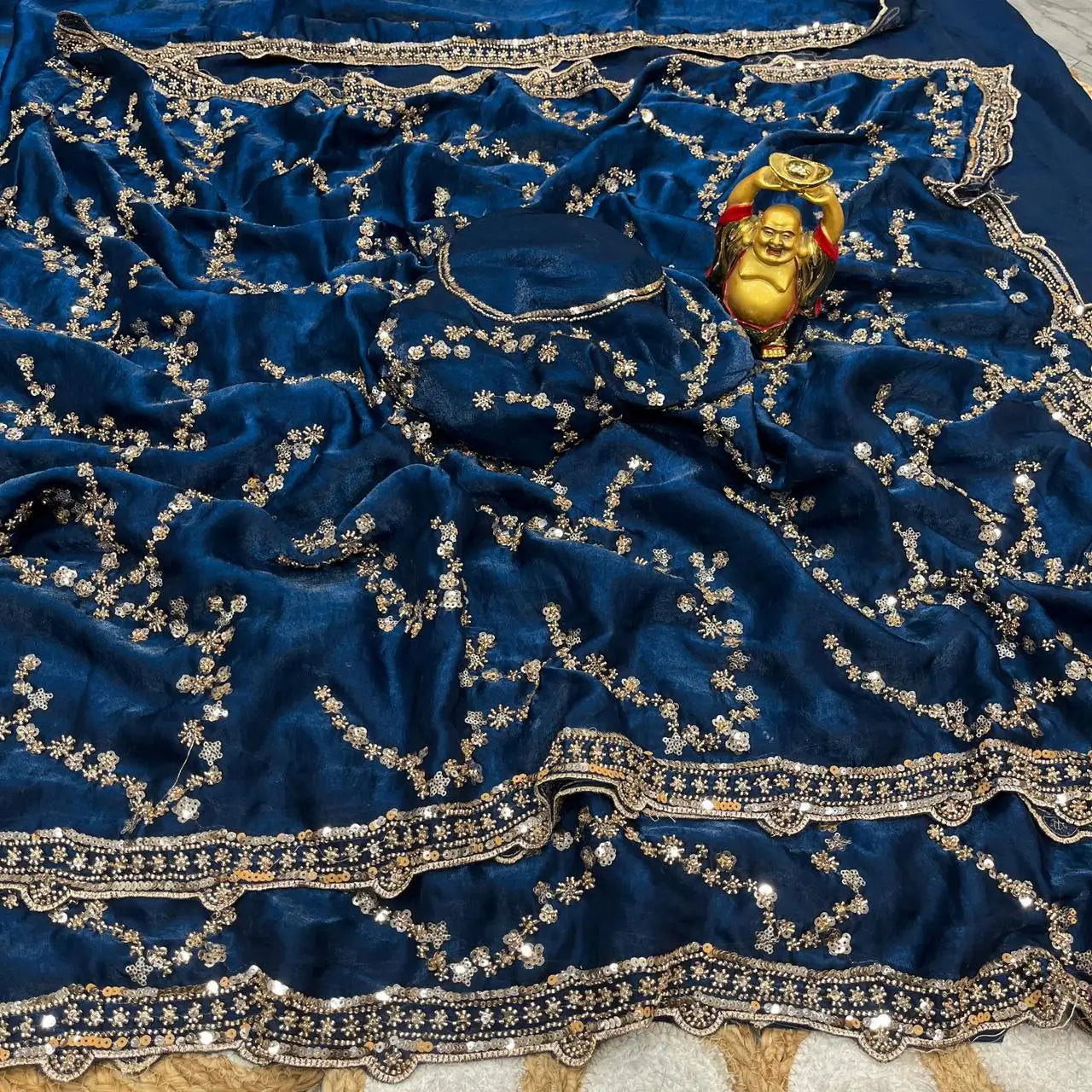 Premium Space Silk Gold Beads Handwork Saree