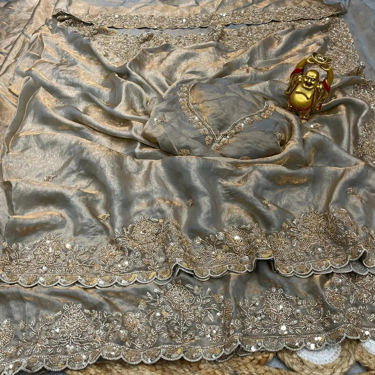 Premium Space Silk Gold Beads Handwork Saree