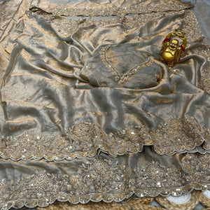 Premium Space Silk Gold Beads Handwork Saree