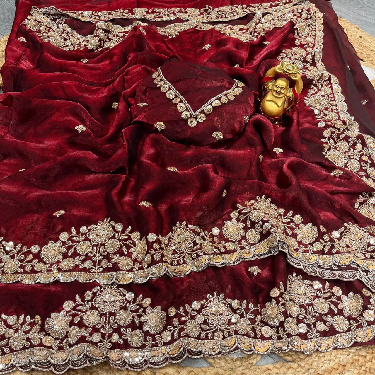 Premium Space Silk Gold Beads Handwork Saree