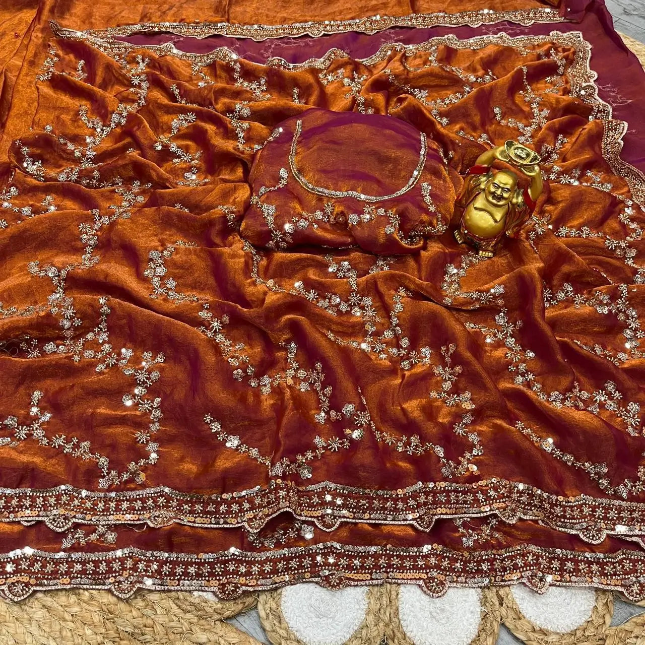 Premium Space Silk Gold Beads Handwork Saree