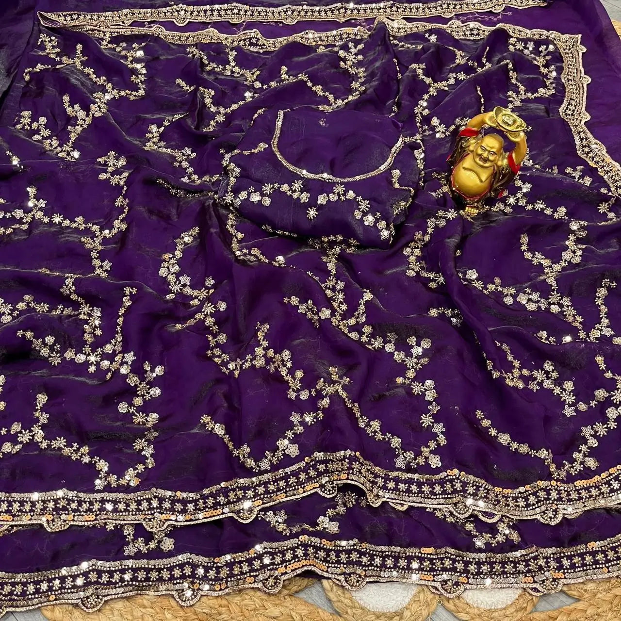 Premium Space Silk Gold Beads Handwork Saree