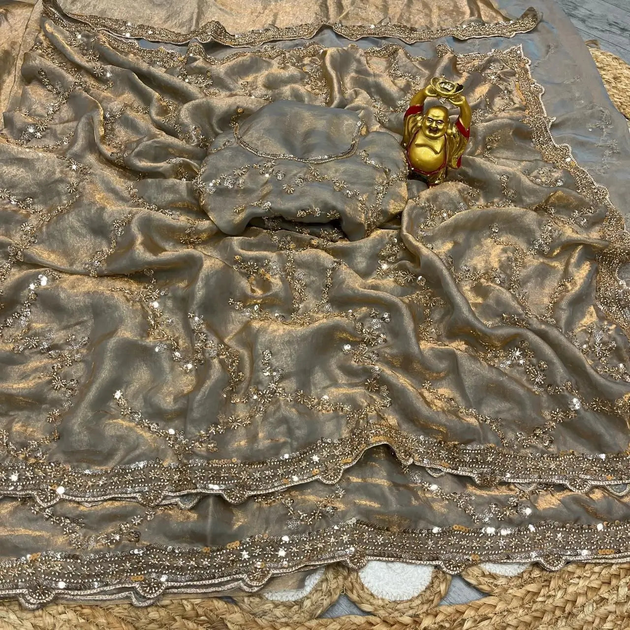 Premium Space Silk Gold Beads Handwork Saree