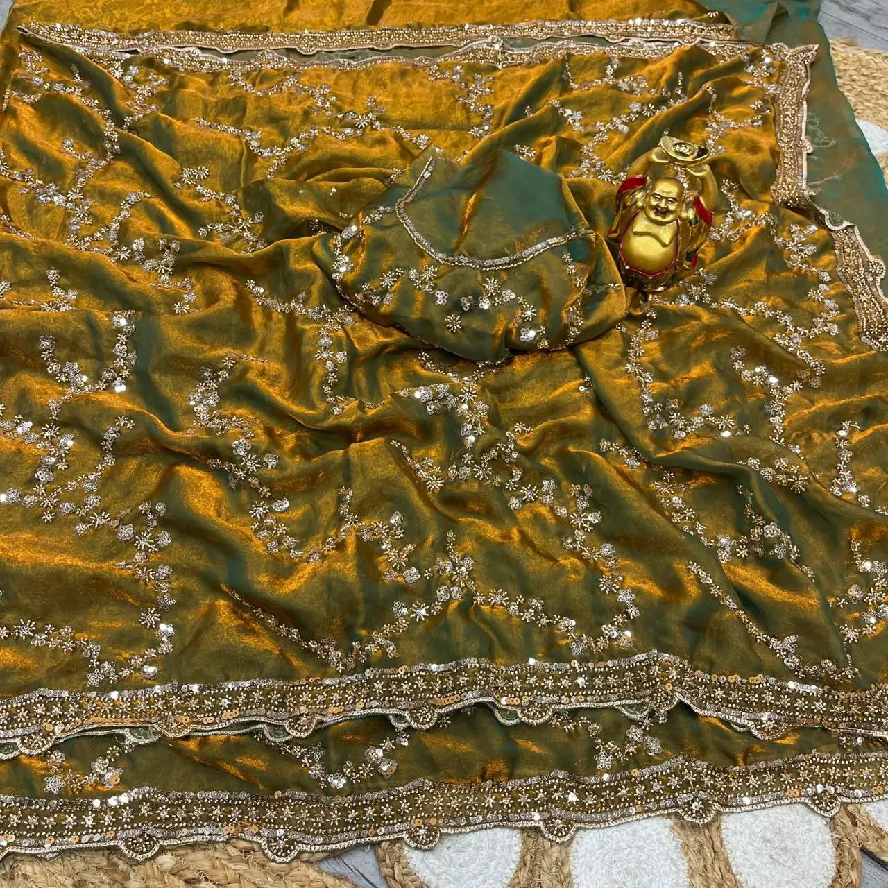 Premium Space Silk Gold Beads Handwork Saree