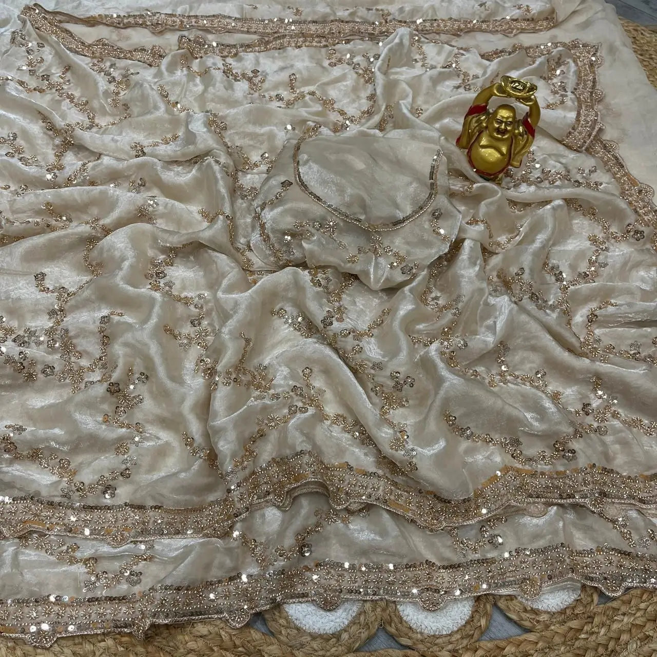 Premium Space Silk Gold Beads Handwork Saree