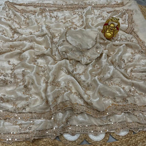 Premium Space Silk Gold Beads Handwork Saree