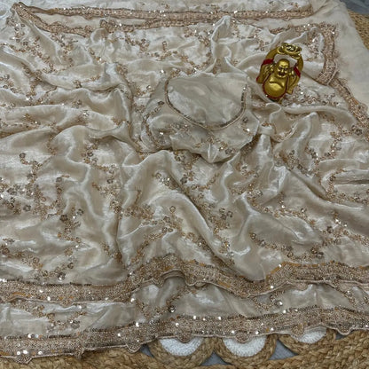 Premium Space Silk Gold Beads Handwork Saree
