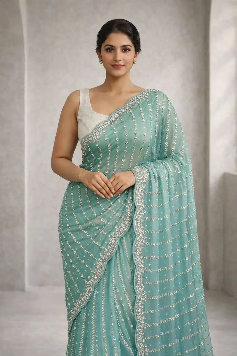 Premium Space Silk Original Beads Handwork Saree