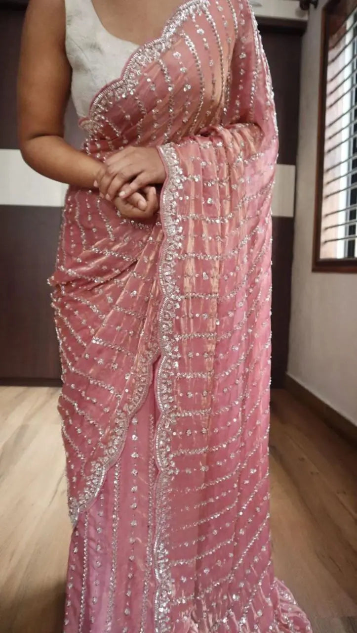 Premium Space Silk Original Beads Handwork Saree