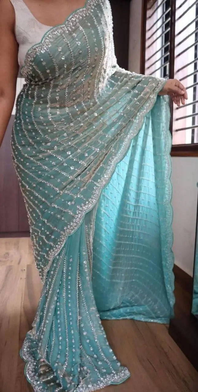Premium Space Silk Original Beads Handwork Saree