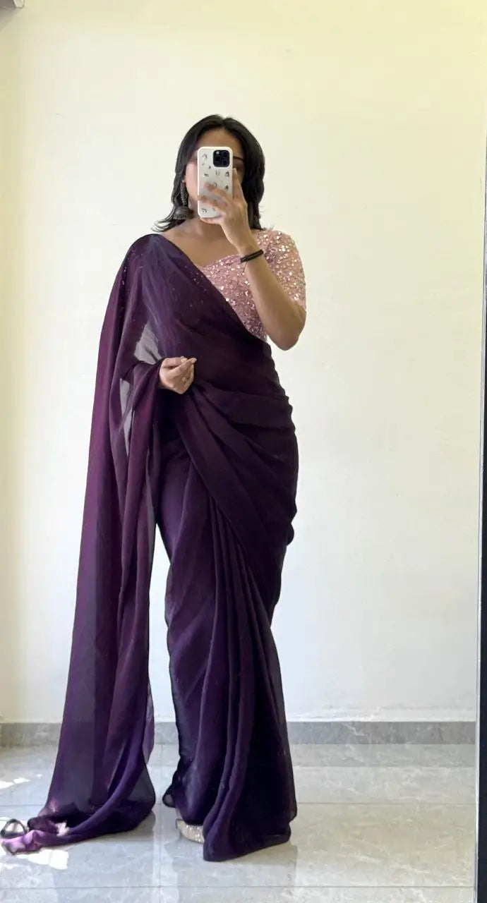 Premium Space Silk Saree with Designer Sugar Bead Work Blouse