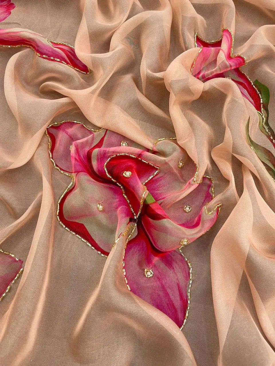 Premium Tabby Organza Floral Printed Saree with Cutdana Detailing