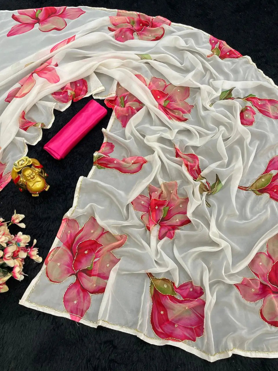 Premium Tabby Organza Floral Printed Saree with Cutdana Detailing