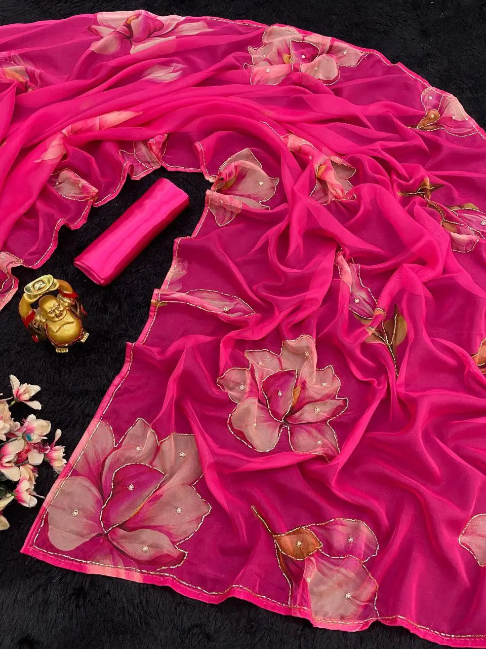 Premium Tabby Organza Floral Printed Saree with Cutdana Detailing