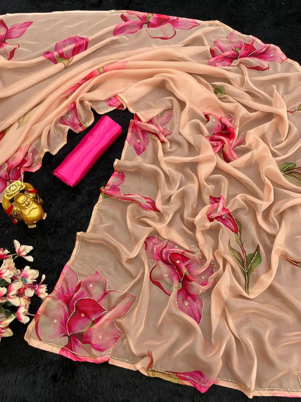 Premium Tabby Organza Floral Printed Saree with Cutdana Detailing