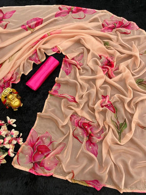 Premium Tabby Organza Floral Printed Saree with Cutdana Detailing
