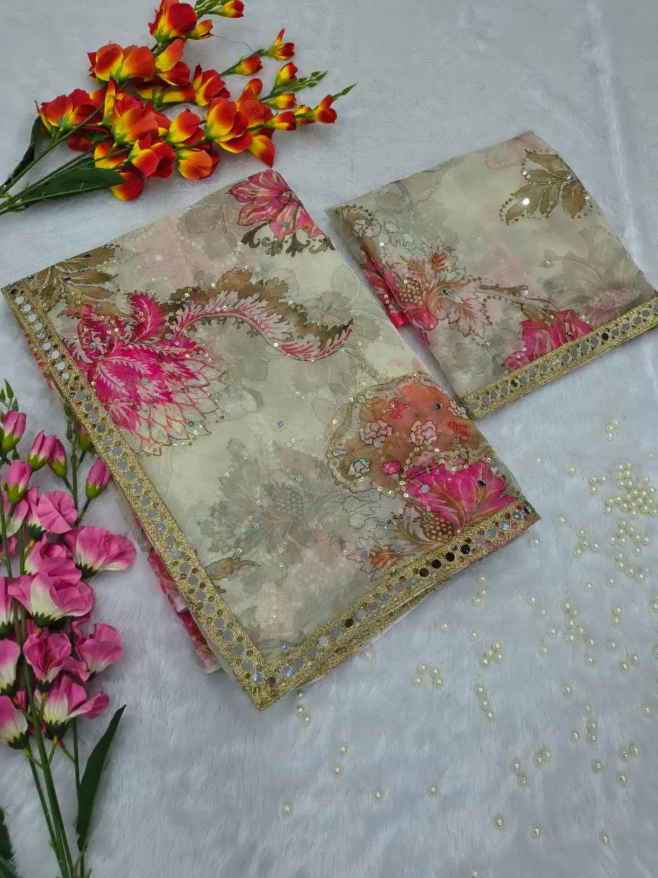 Premium Tabby Silk Floral Printed Saree with Real Mirror Handwork
