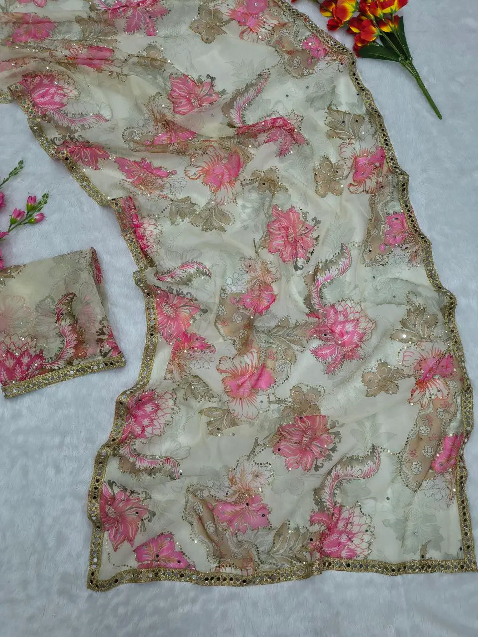Premium Tabby Silk Floral Printed Saree with Real Mirror Handwork