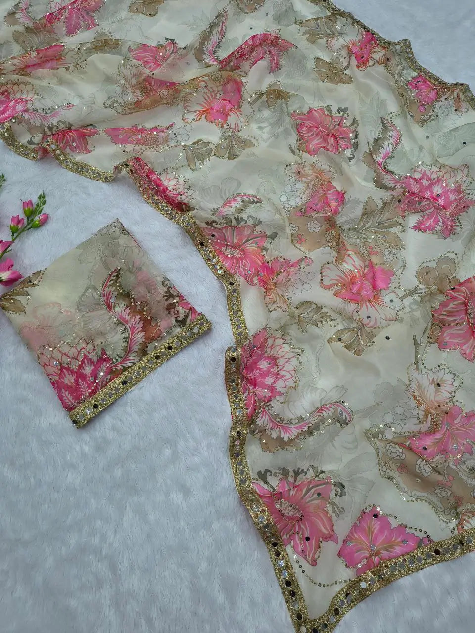 Premium Tabby Silk Floral Printed Saree with Real Mirror Handwork