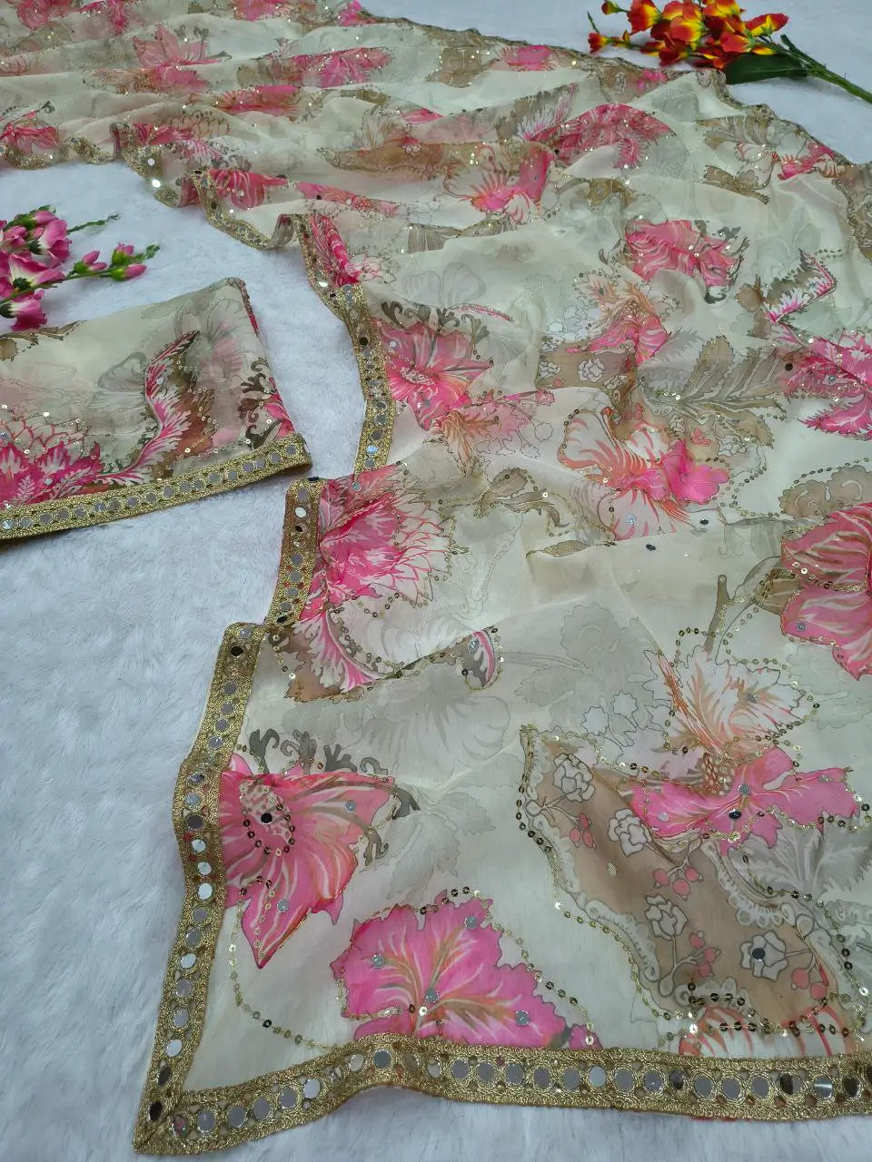 Premium Tabby Silk Floral Printed Saree with Real Mirror Handwork