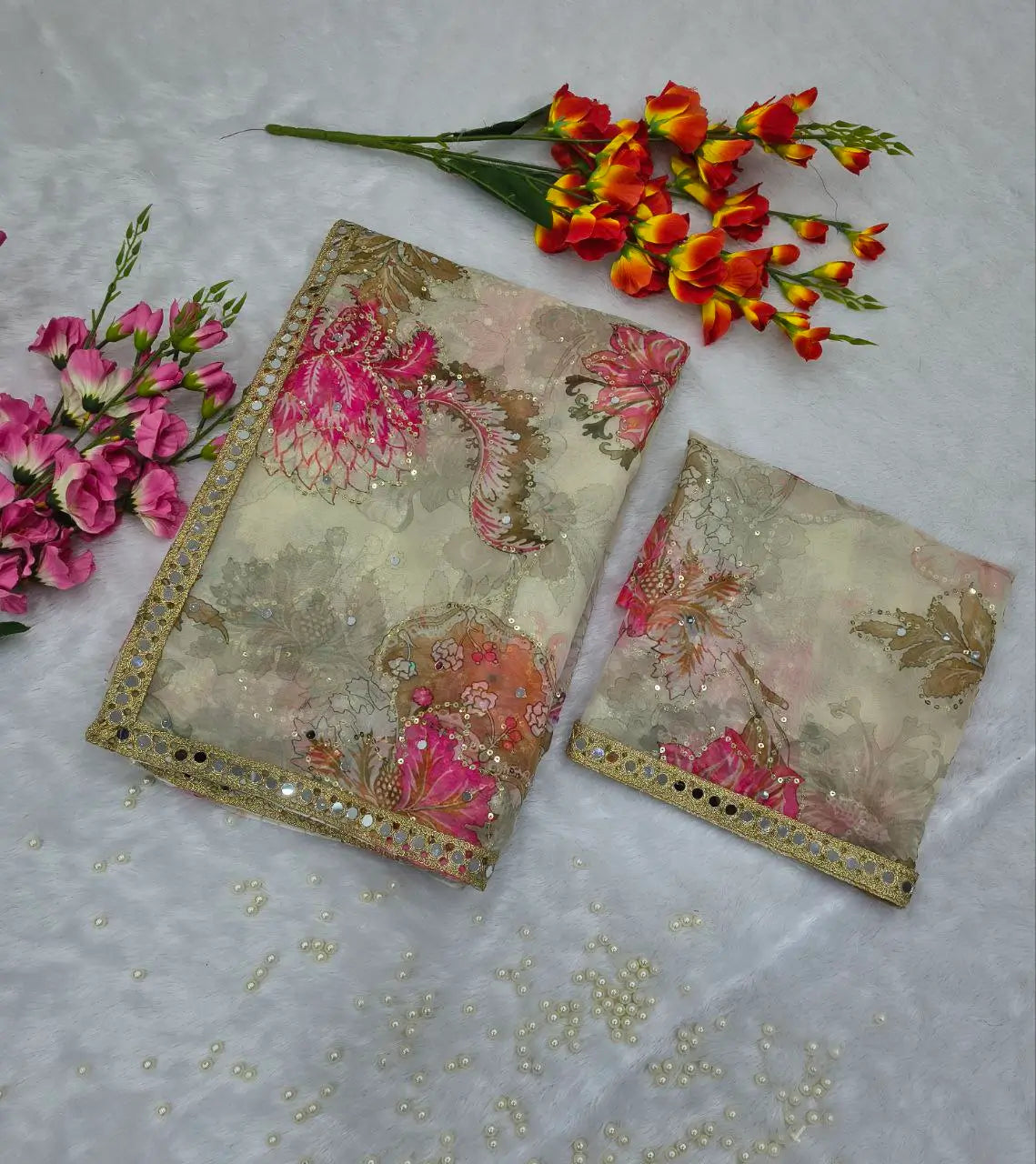 Premium Tabby Silk Floral Printed Saree with Real Mirror Handwork